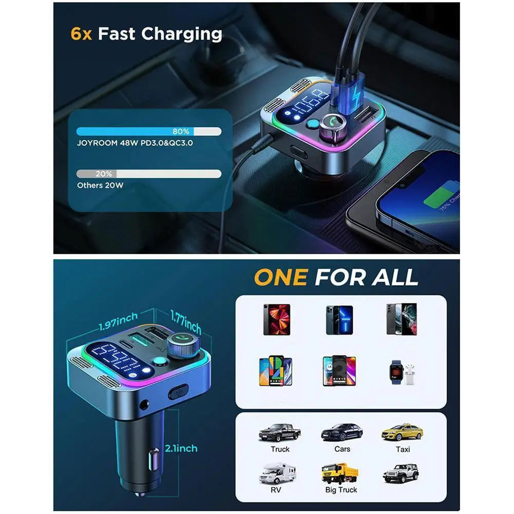 Bluetooth 5.3 FM Transmitter 4 Port USB Car Charger Type C PD 250W Fast Charging Adapter