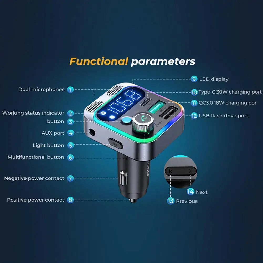 Bluetooth 5.3 FM Transmitter 4 Port USB Car Charger Type C PD 250W Fast Charging Adapter