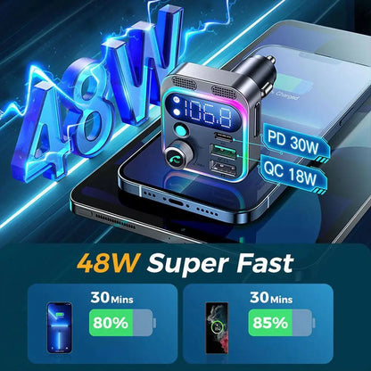 Bluetooth 5.3 FM Transmitter 4 Port USB Car Charger Type C PD 250W Fast Charging Adapter