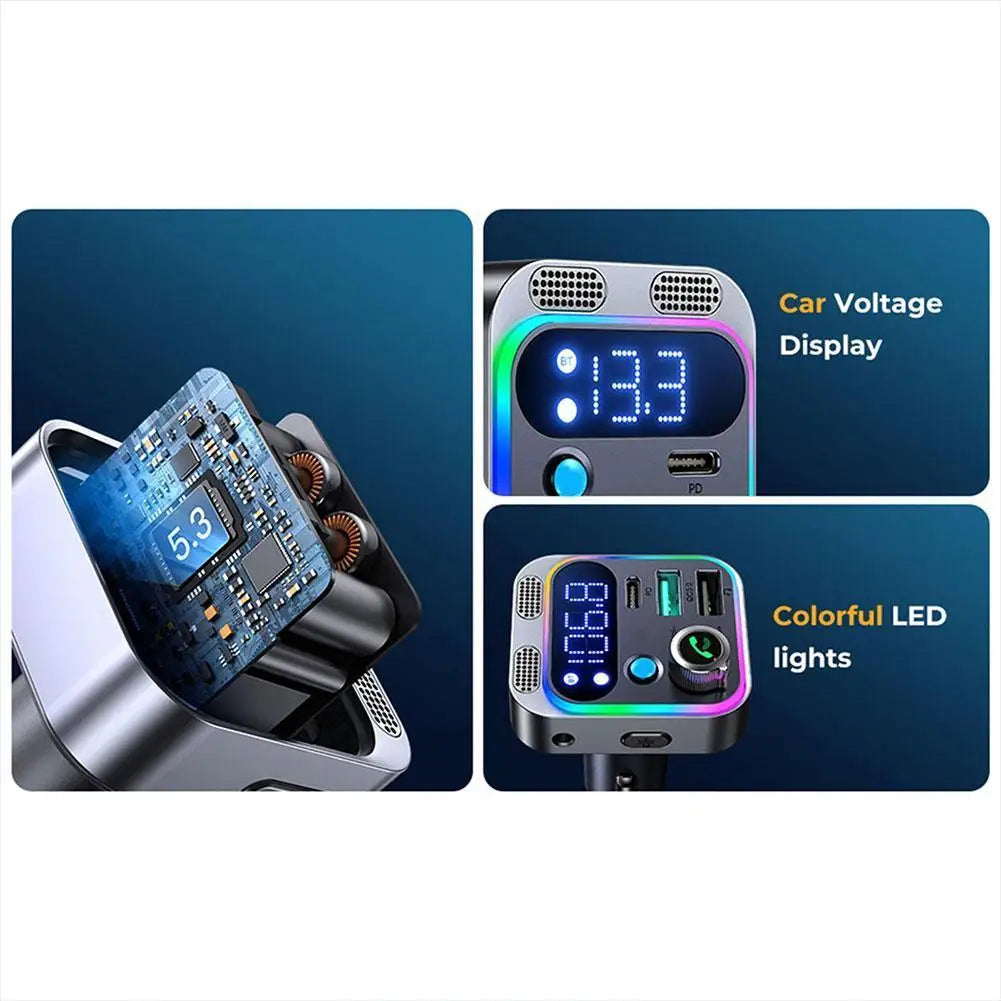 Bluetooth 5.3 FM Transmitter 4 Port USB Car Charger Type C PD 250W Fast Charging Adapter