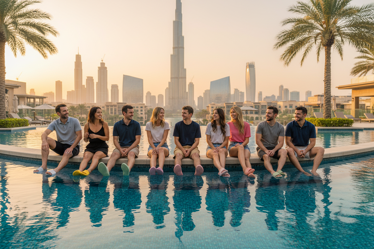 Group wearing comfort slippers by Dubai pool